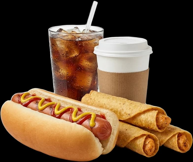 Hot dog, taquitos, fountain drink and coffee from LaMa Convenience