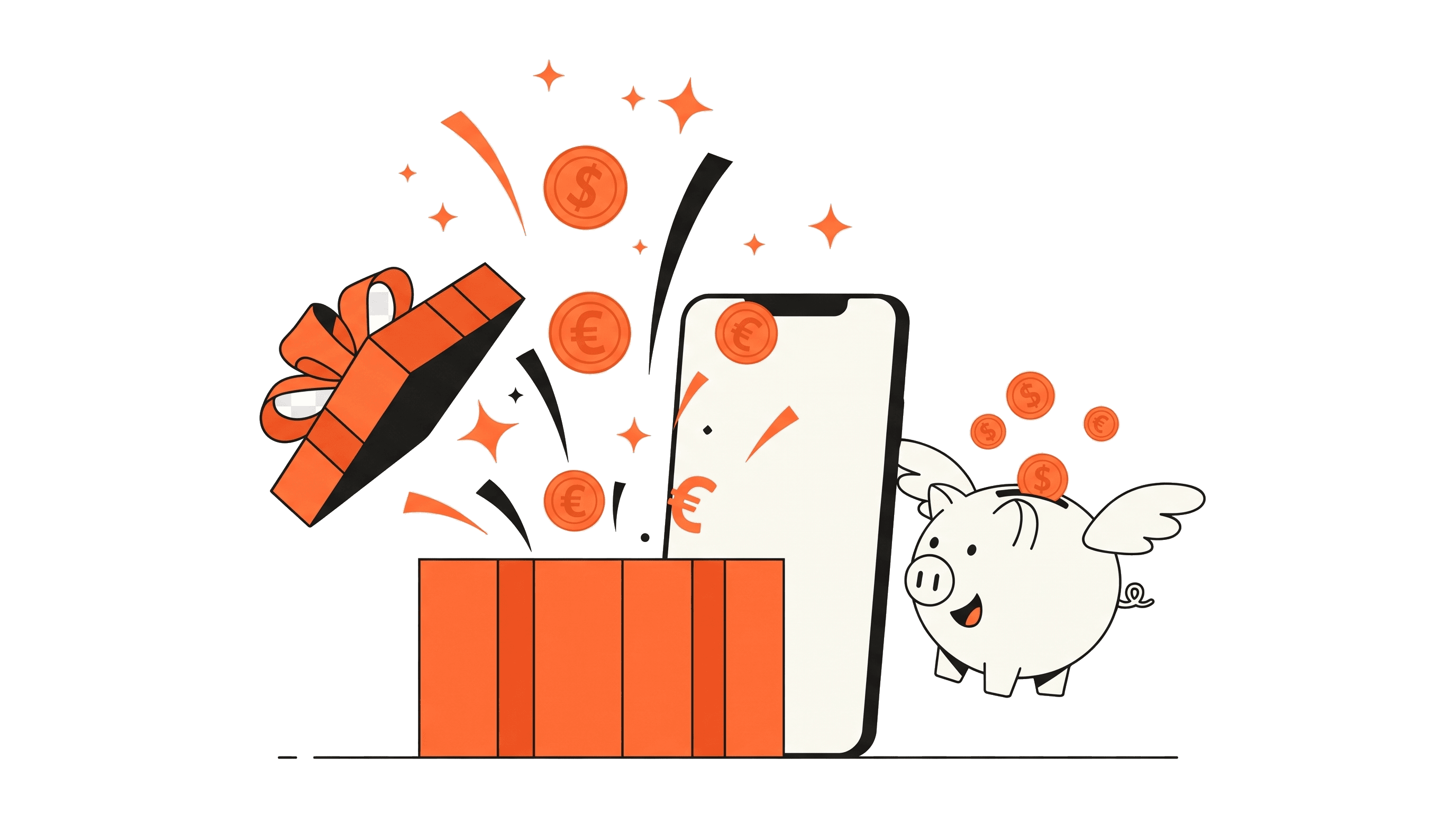 Gift box, phone, and piggy bank with coins bursting out